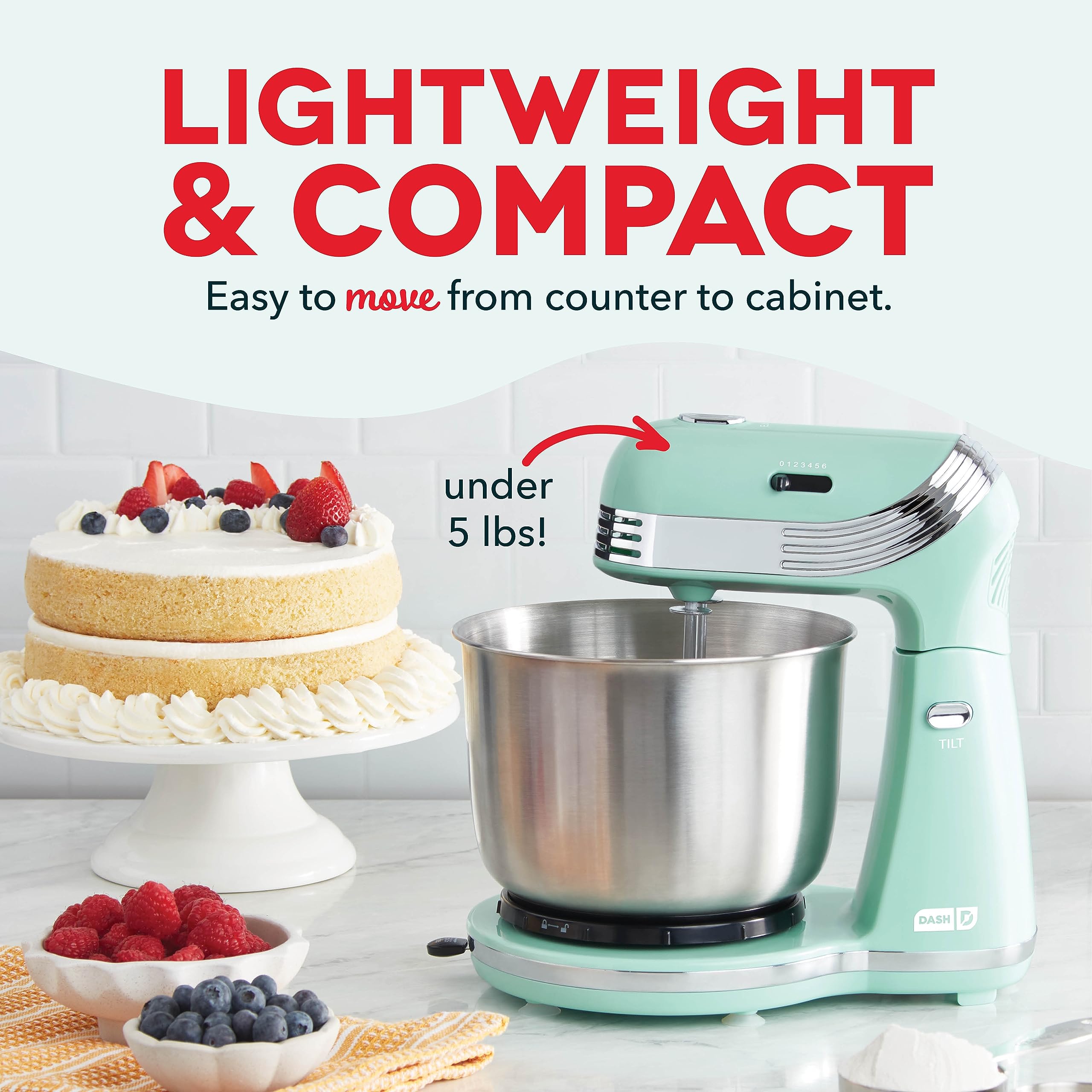 Dash Stand Mixer (Electric Mixer For Everyday Use): 6 Speed Stand Mixer With 3 Quart Stainless Steel Mixing Bowl, Dough Hooks &